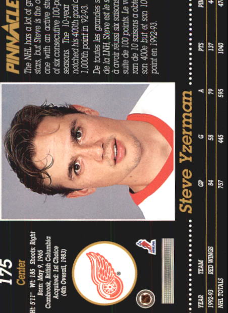 1993-94 Pinnacle Canadian #175 Steve Yzerman back image