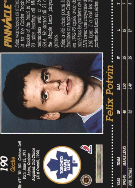 1993-94 Pinnacle Canadian #190 Felix Potvin