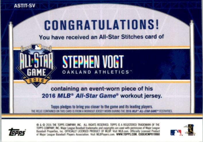 2016 Topps Update All-Star Stitches #ASTITSV Stephen Vogt back image