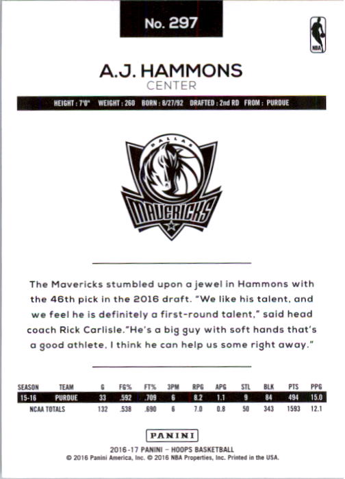 2016-17 Hoops #297 A.J. Hammons RC back image