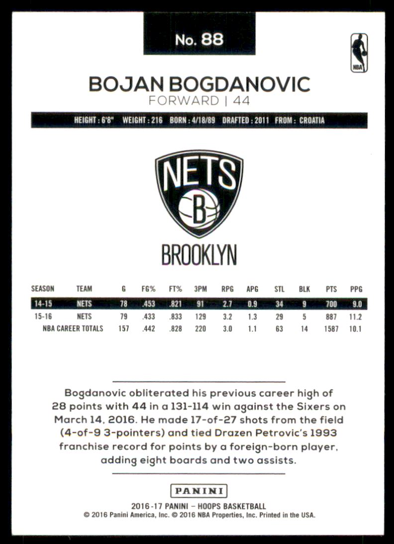 2016-17 Hoops Artist Proof #88 Bojan Bogdanovic back image