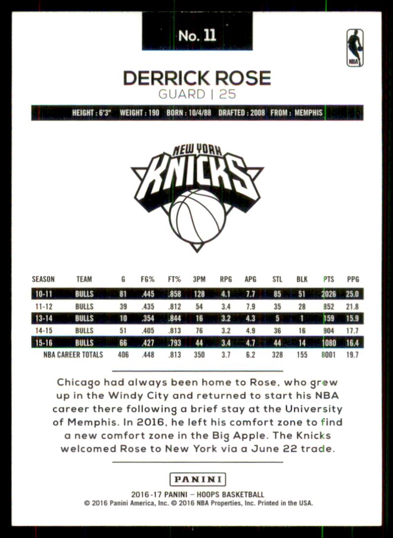 2016-17 Hoops Blue #11 Derrick Rose back image