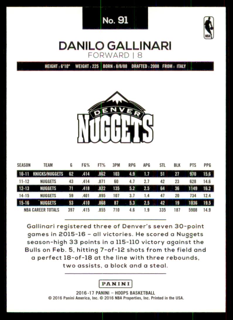 2016-17 Hoops Teal #91 Danilo Gallinari back image
