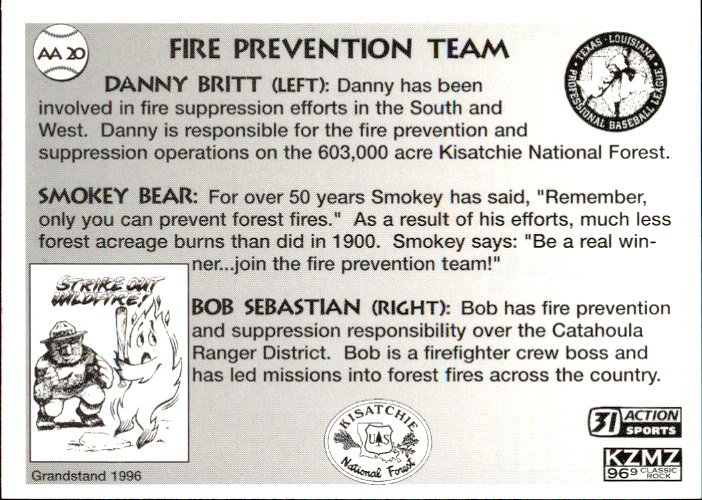 1996 Alexandria Aces Grandstand #20 Fire Prevention Team/Danny Britt/Smokey Bear/Bob Sebastian back image