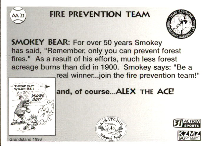 1996 Alexandria Aces Grandstand #21 Fire Prevention Team/Smokey Bear/Alex the Ace back image
