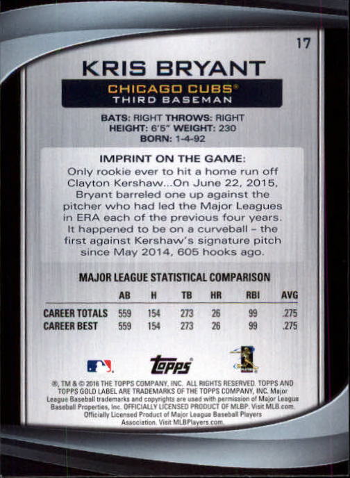 2016 Topps Gold Label Class 2 #17 Kris Bryant back image
