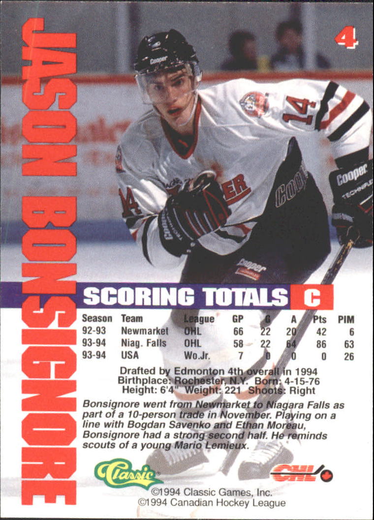 1994 Classic Gold #4 Jason Bonsignore back image