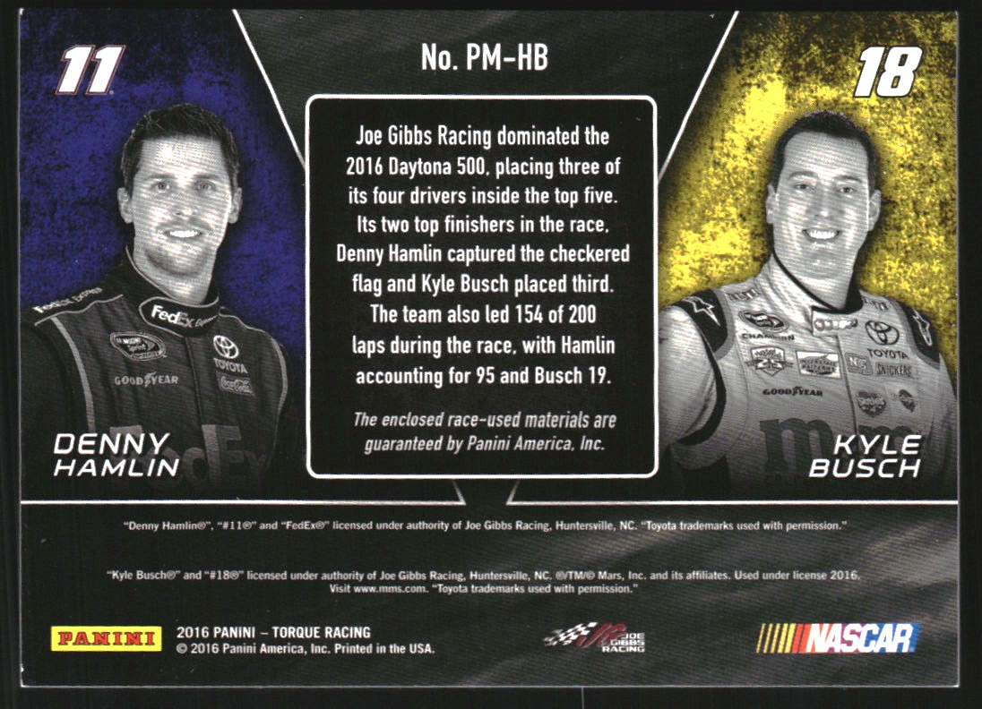 2016 Panini Torque Pairings Materials Blue #12 Denny Hamlin/Kyle Busch back image