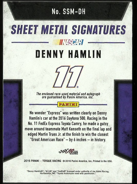 2016 Panini Torque Silhouettes Sheet Metal Autographs Blue #8 Denny Hamlin/25 back image