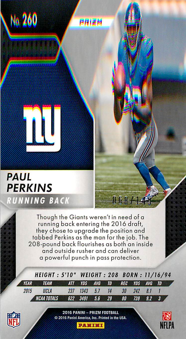 2016 Panini Prizm Prizms Blue Wave #260 Paul Perkins back image