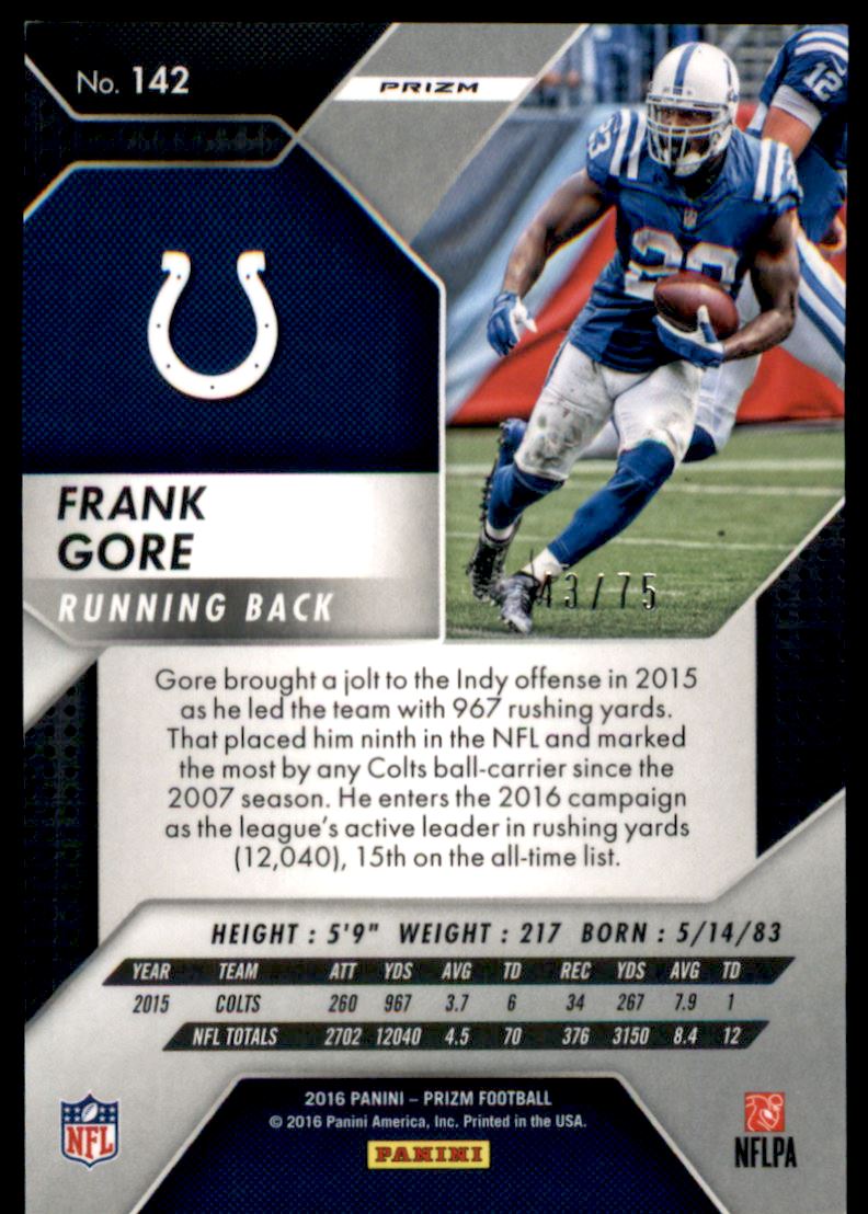 2016 Panini Prizm Prizms Red Crystals #142 Frank Gore back image