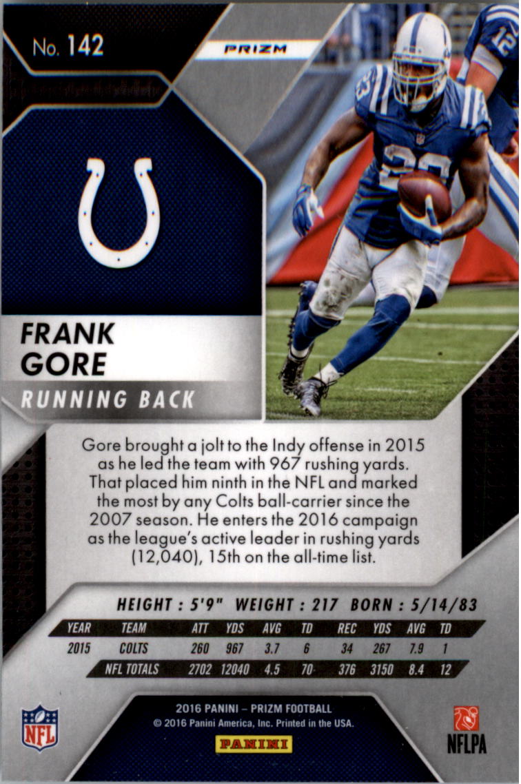 2016 Panini Prizm Prizms Red White and Blue #142 Frank Gore back image