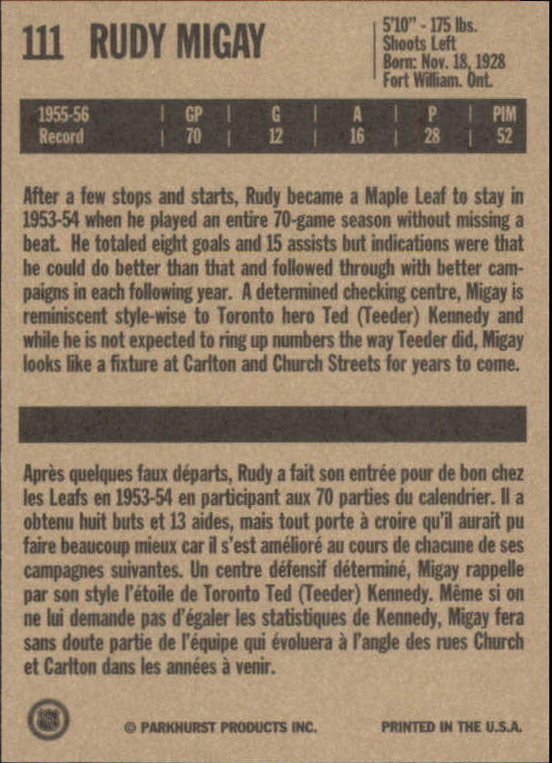 1994 Parkhurst Missing Link #111 Rudy Migay back image