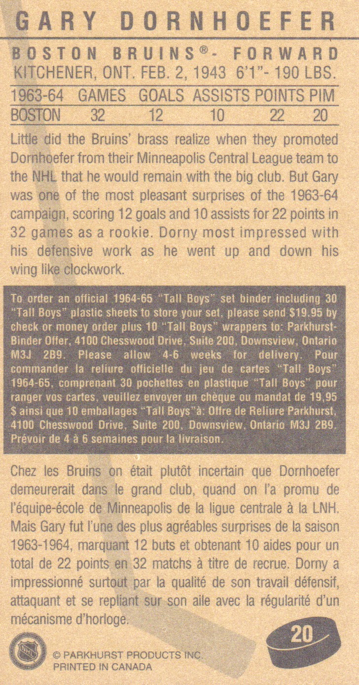 1994 Parkhurst Tall Boys #20 Gary Dornhoefer back image
