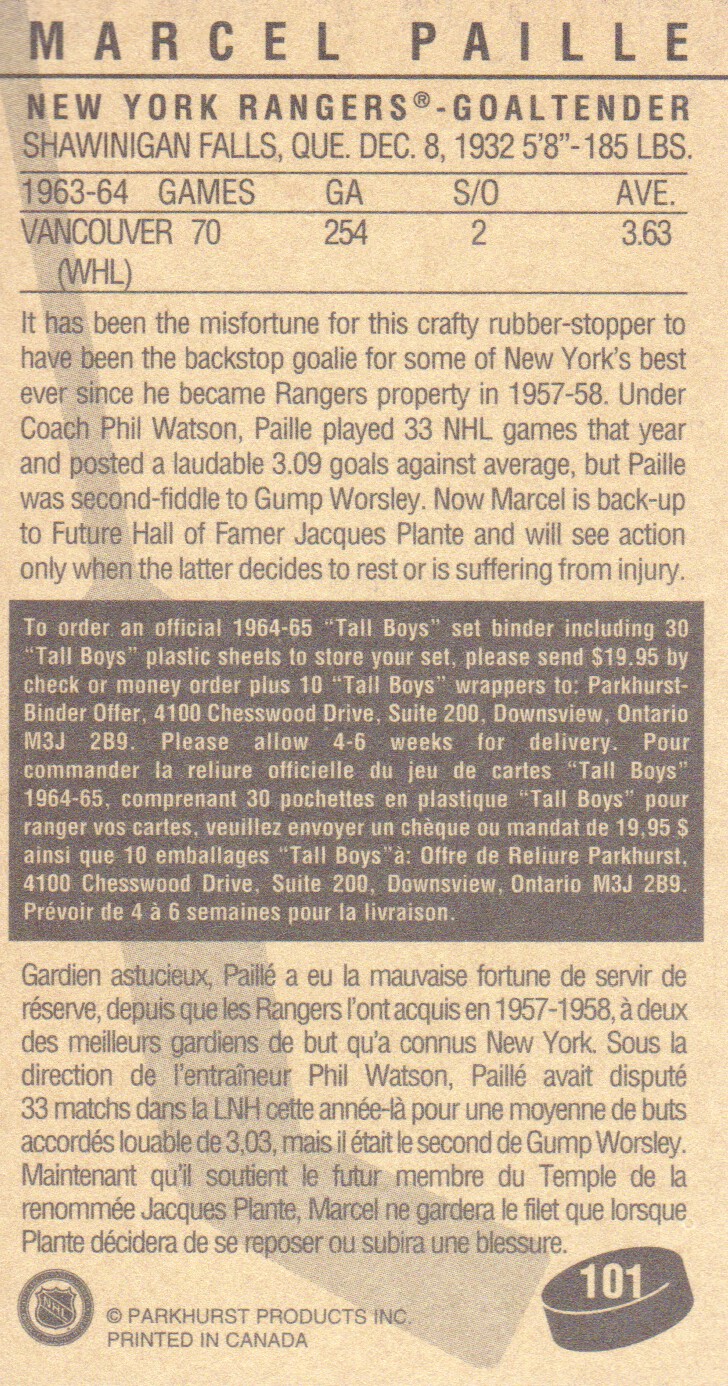 1994 Parkhurst Tall Boys #101 Marcel Paille back image