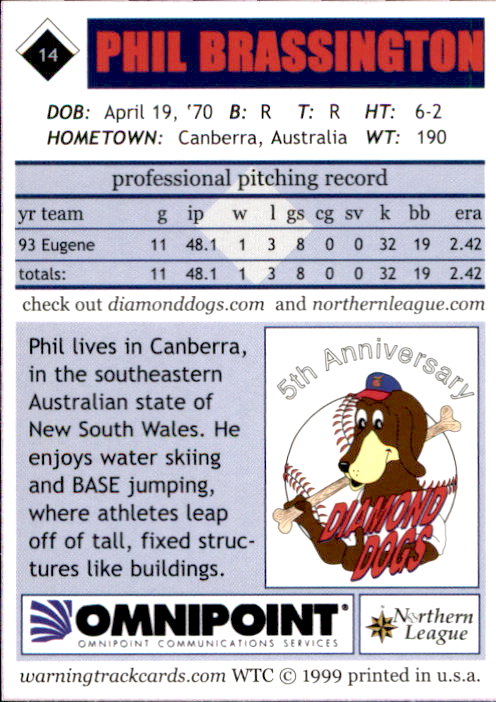 1999 Albany-Colonie Diamond Dogs Warning Track #14 Phil Brassington  Australia