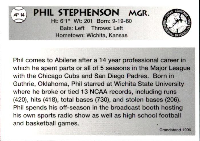 1996 Abilene Prairie Dogs Grandstand #14 Phil Stephenson MG back image