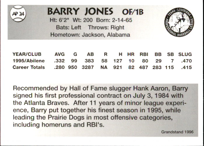 1996 Abilene Prairie Dogs Grandstand #24 Barry Jones back image