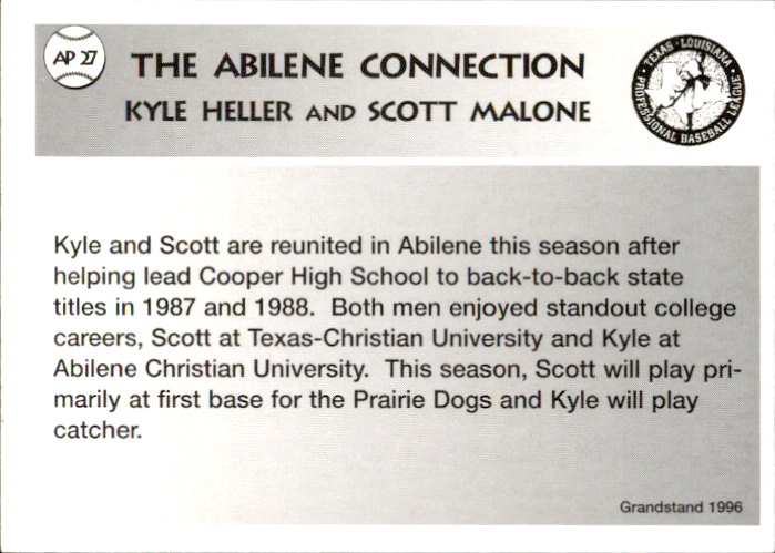 1996 Abilene Prairie Dogs Grandstand #27 Kyle Heller/Scott Malone back image