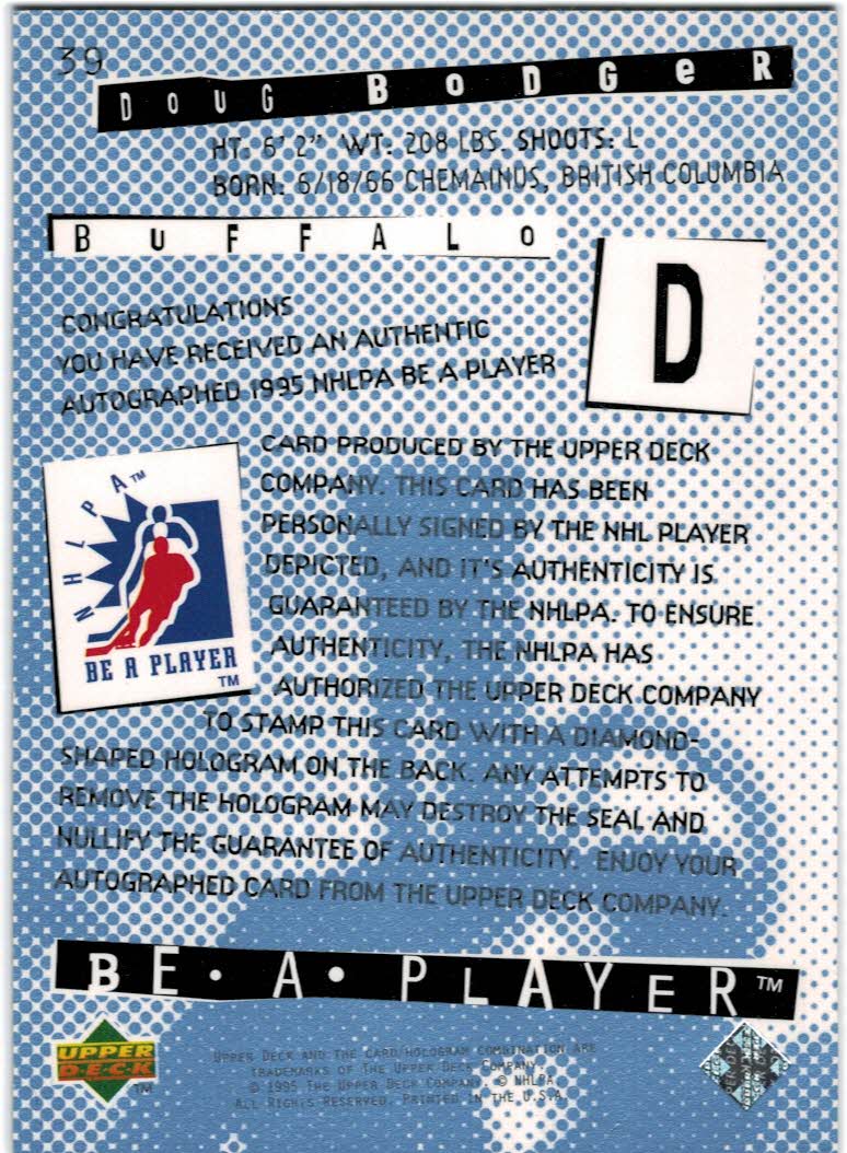 1994-95 Be A Player Autographs #39 Doug Bodger back image