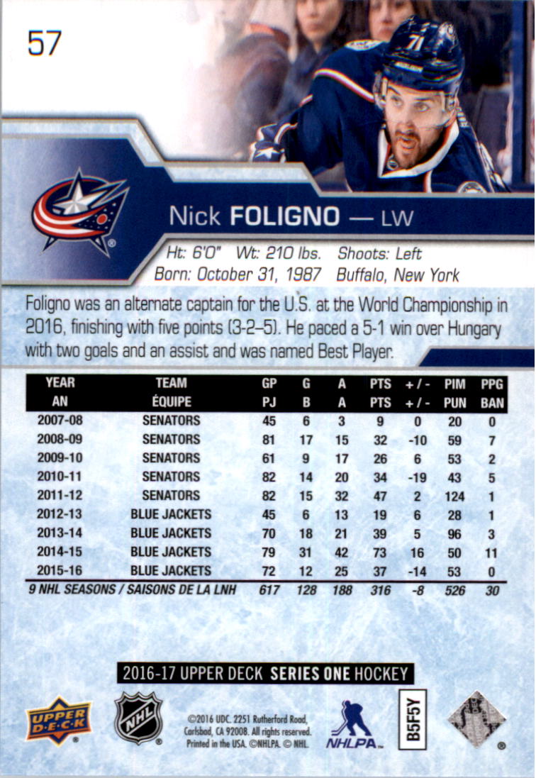 2016-17 Upper Deck #57 Nick Foligno back image