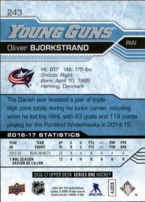2016-17 Upper Deck #243 Oliver Bjorkstrand YG RC