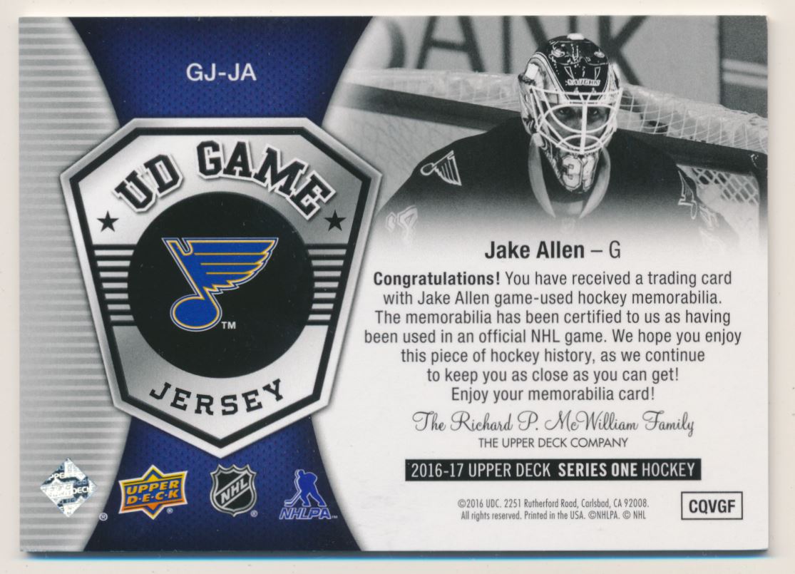2016-17 Upper Deck Game Jerseys #GJJA Jake Allen F