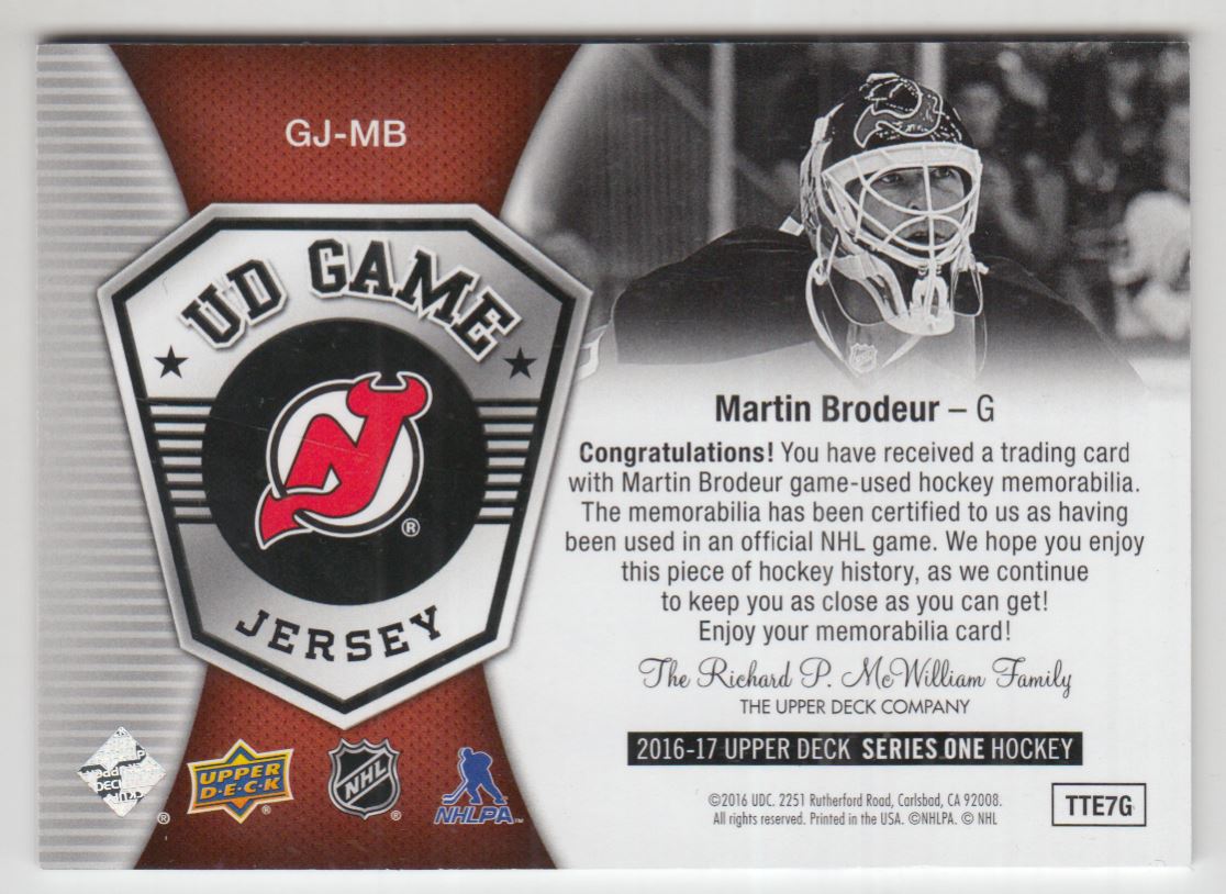 2016-17 Upper Deck Game Jerseys #GJMB Martin Brodeur A
