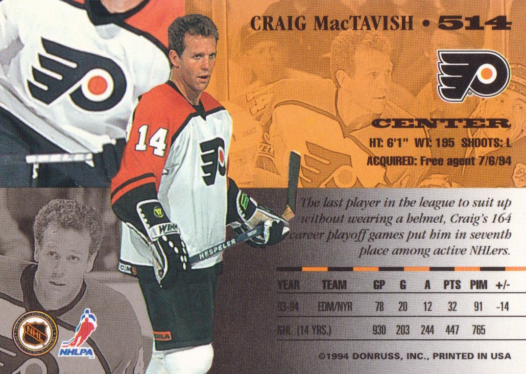 1994-95 Leaf #514 Craig MacTavish back image