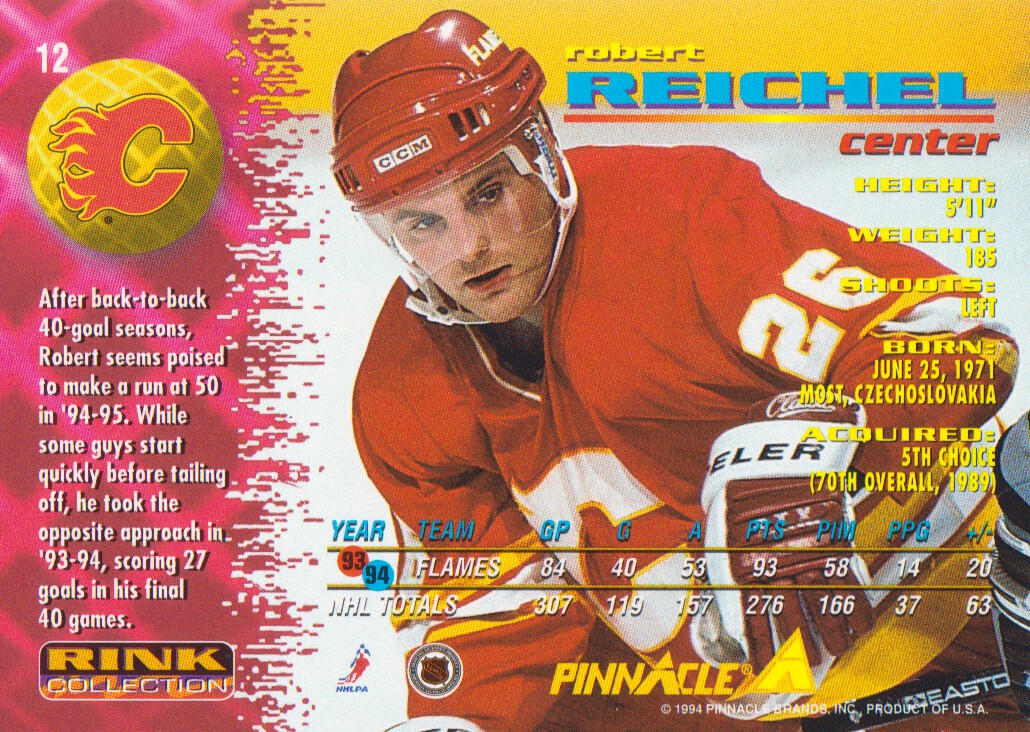 1994-95 Pinnacle Rink Collection #12 Robert Reichel back image