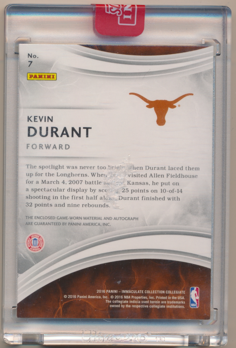 2016-17 Immaculate Collection Collegiate Immaculate Signature Patches #2 Kevin Durant/25 back image