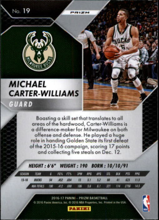 2016-17 Panini Prizm Prizms Starburst Bucks Card #19 Michael Carter-Williams 