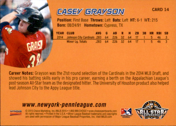 2015 New York-Penn League All-Stars Choice #14 Casey Grayson back image