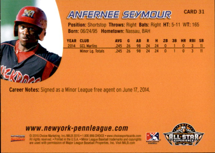 2015 New York-Penn League All-Stars Choice #31 Anfernee Seymour back image