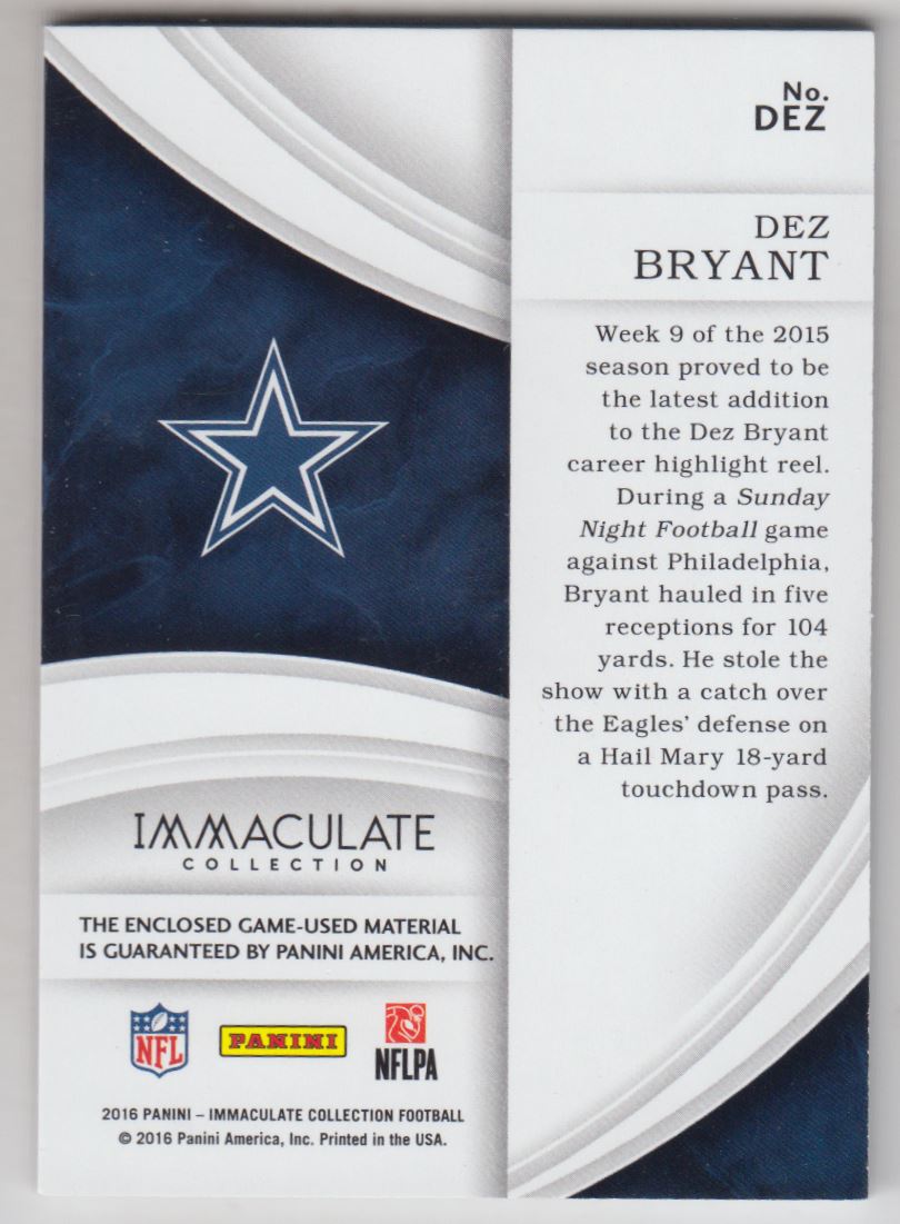 2016 Immaculate Collection Immaculate Numbers Memorabilia #66 Dez Bryant/88 back image
