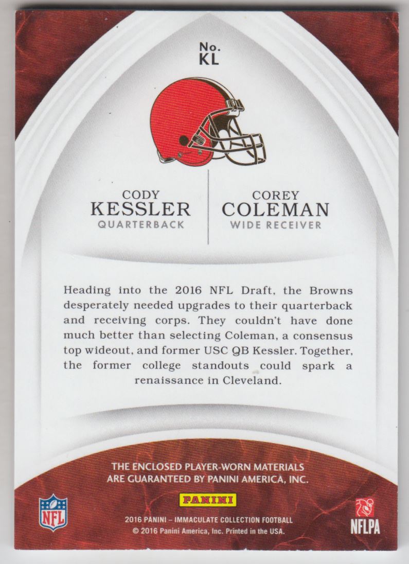 2016 Immaculate Collection Dual Jerseys #5 Corey Coleman/Cody Kessler/99 back image