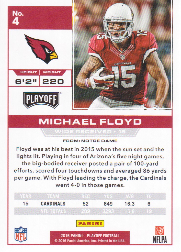 2016 Playoff #4 Michael Floyd back image