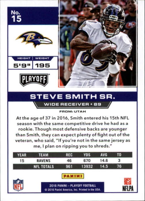 2016 Playoff #15 Steve Smith back image