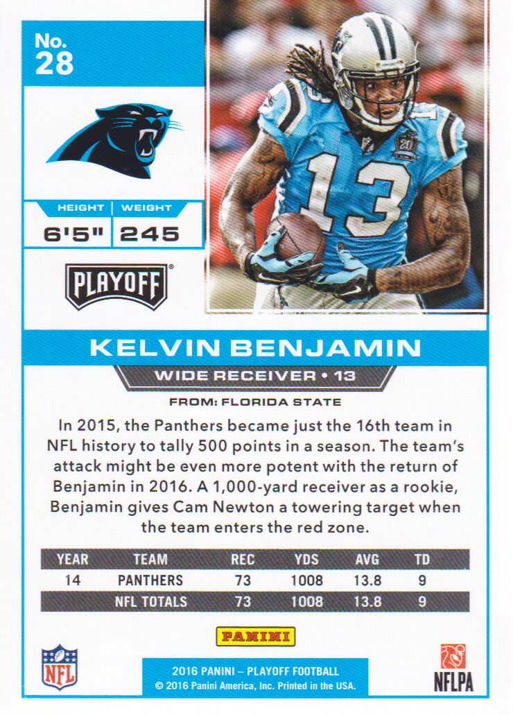 2016 Playoff #28 Kelvin Benjamin back image