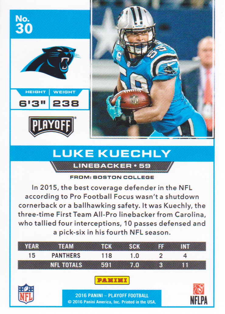 2016 Playoff #30 Luke Kuechly back image