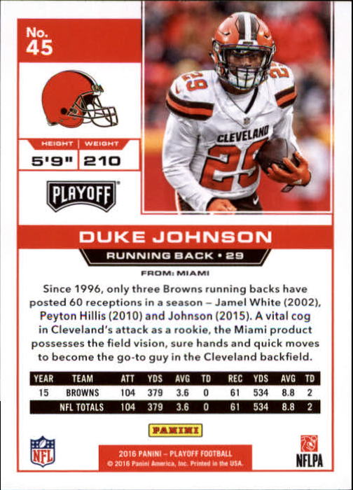 2016 Playoff #45 Duke Johnson back image