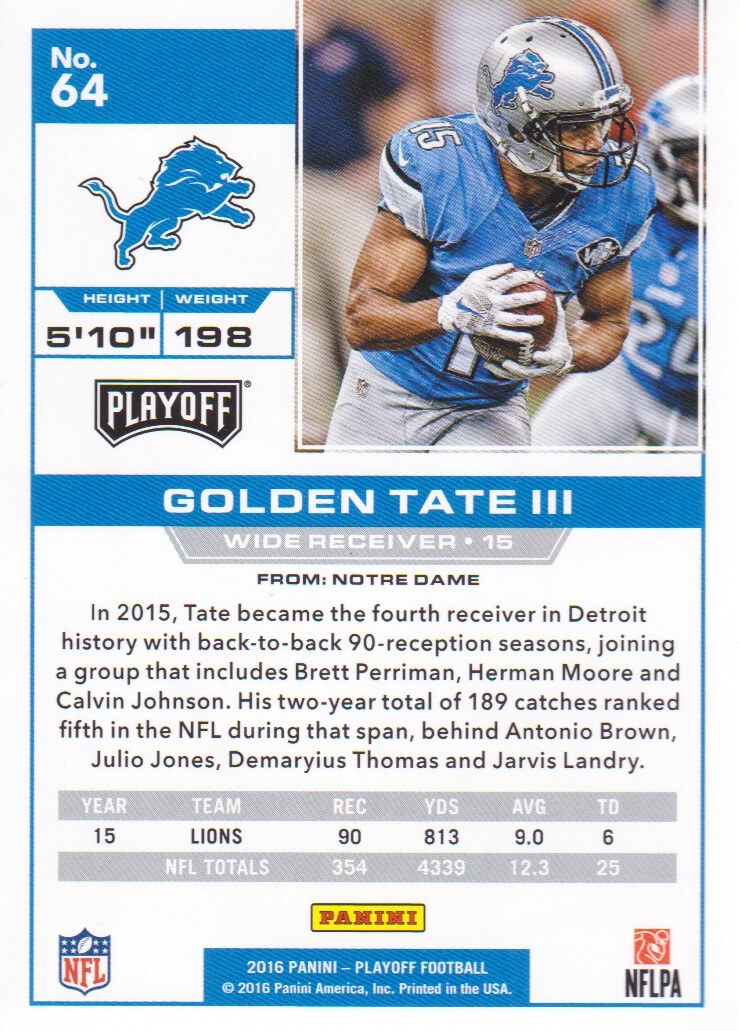 2016 Playoff #64 Golden Tate III back image
