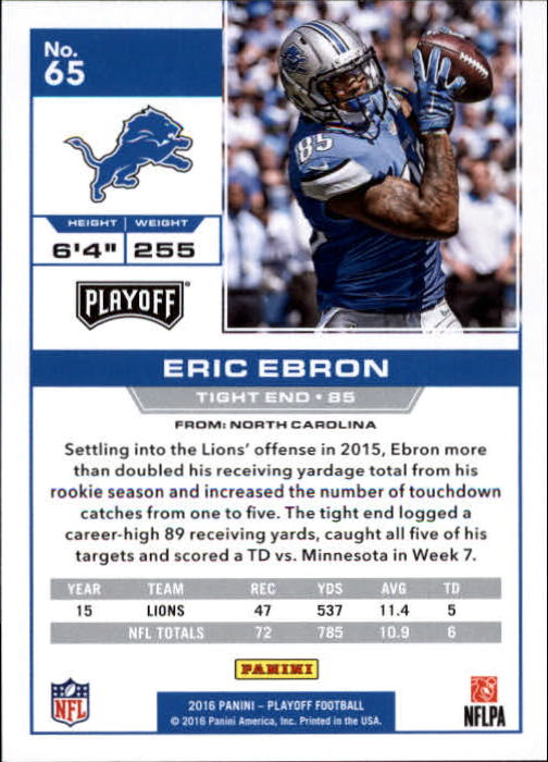 2016 Playoff #65 Eric Ebron back image