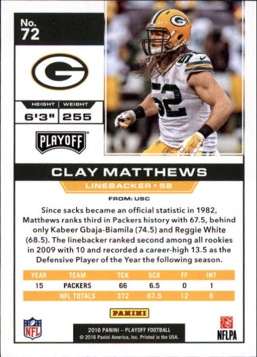 2016 Playoff #72 Clay Matthews back image