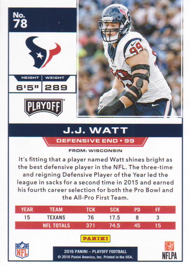 2016 Playoff #78 J.J. Watt back image