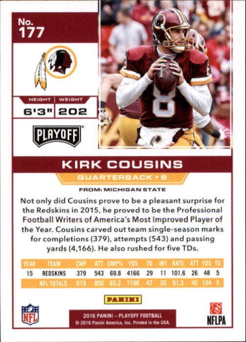 2016 Playoff #177 Kirk Cousins back image