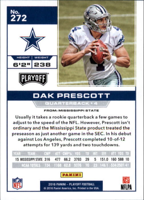 2016 Playoff #272 Dak Prescott RC back image
