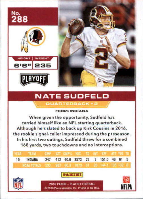 2016 Playoff 1st Down #288 Nate Sudfeld back image