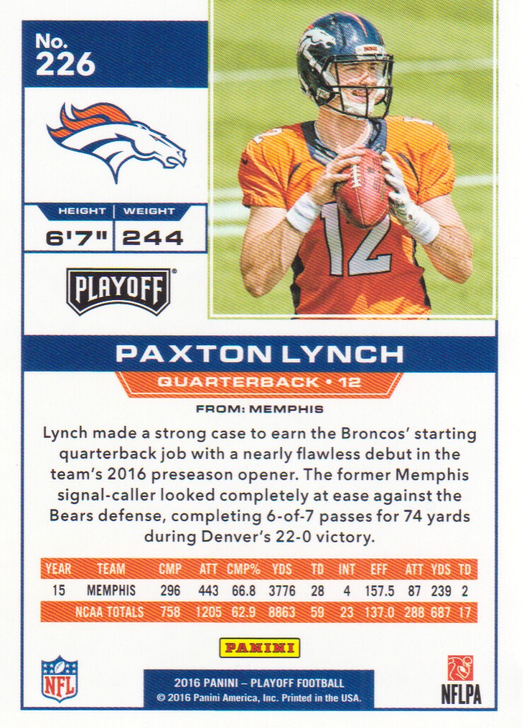 2016 Playoff 2nd Down #226 Paxton Lynch back image