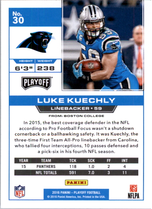 2016 Playoff Kickoff #30 Luke Kuechly back image